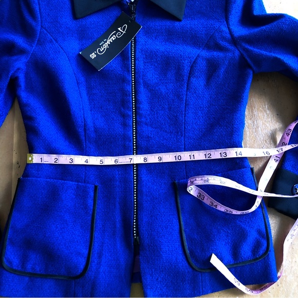 Vintage Bright Blue Blazer Jacket Unique Sparkly Zipper Gemstone Polyester Asian - Picture 4 of 11